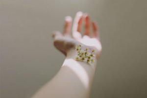 A close-up of an outstretched hand with small white flowers on the wrist, softly lit against a neutral background, evokes natural beauty—much like the radiant results from 5 Reasons Why You Need PRP Micropen Facial Rejuvenation.